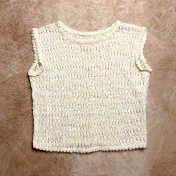 Vintage 90s Handmade Crochet Open Knit Sweater Top Cream Sleeveless Round Neck - Picture 1 of 4